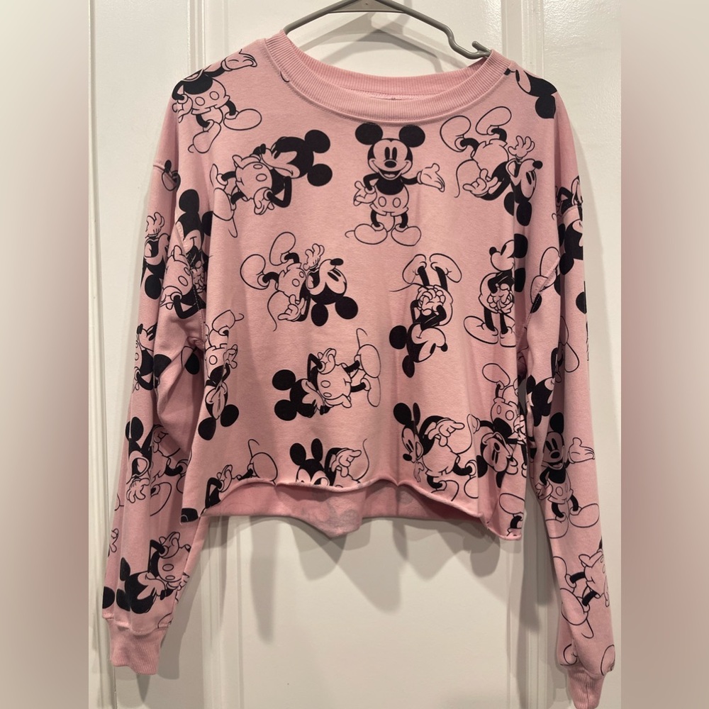 MICKEY MOUSE Pink Long Sleeve Crop Top Sweatshirt (Size Medium)
